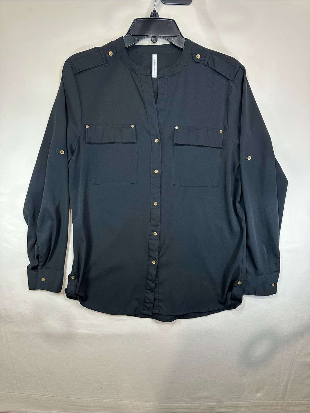 Passports Black Utility Roll-Tab Blouse Size Medium Gold Hardware
